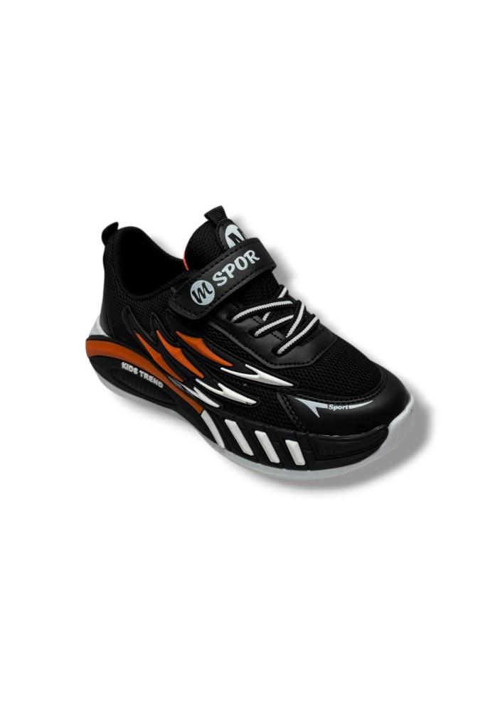 M.Sport Line 4000-26 Anorak Deri Anatomik Cırtlı Çocuk Sneaker Siyah Turuncu 31-35