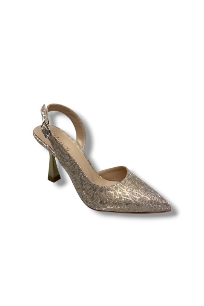 Mengi 685-26 Parlak Simli Saten İnce Topuk Arkası Açık Kadın Stiletto(9cm)