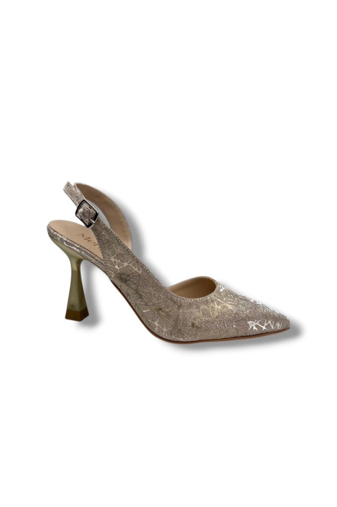 Mengi 685-26 Parlak Simli Saten İnce Topuk Arkası Açık Kadın Stiletto(9cm)