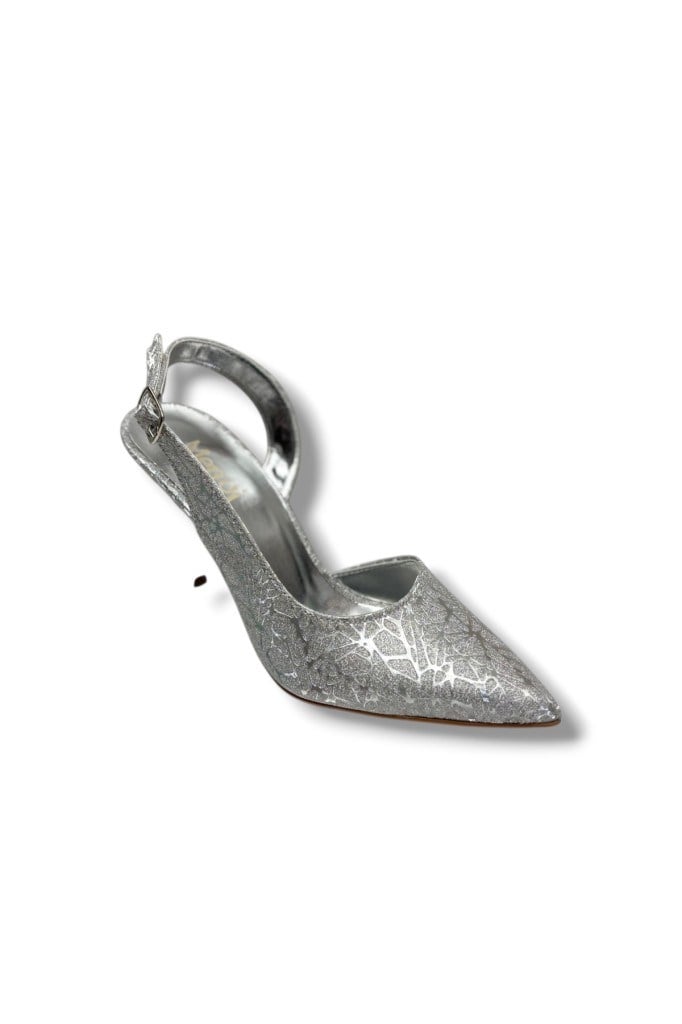 Mengi 685-26 Parlak Simli Saten İnce Topuk Arkası Açık Kadın Stiletto(9cm)