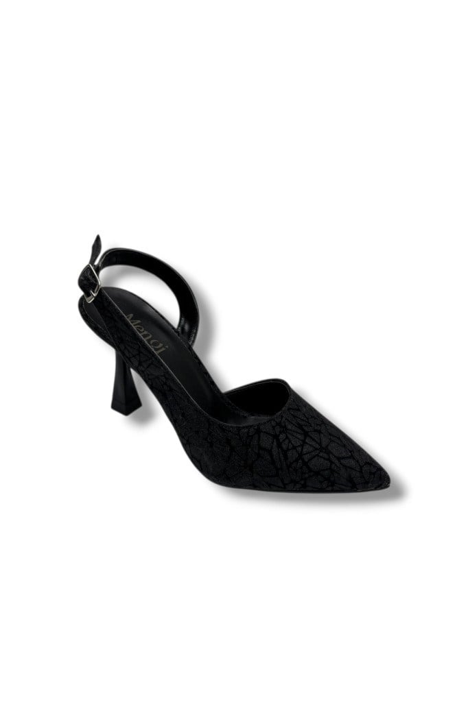 Mengi 685-26 Parlak Simli Saten İnce Topuk Arkası Açık Kadın Stiletto(9cm)