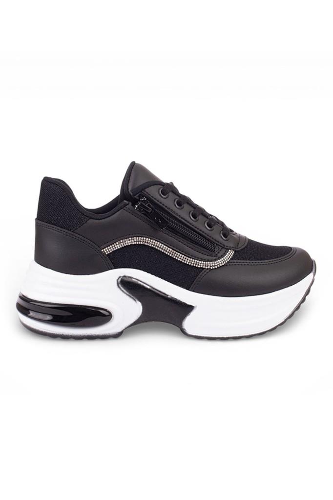 Modalendo 1511-26 Cilt Deri Simli Şeritli Anatomik Bağcıklı Kadın Sneaker Siyah Beyaz