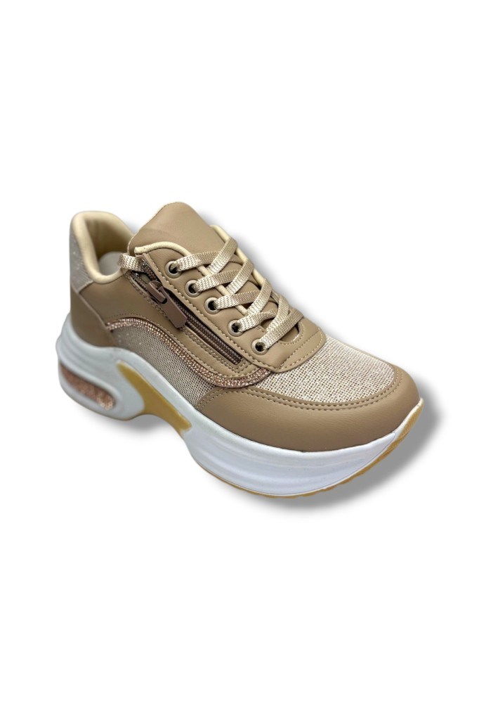 Modalendo 1511-26 Cilt Deri Simli Şeritli Anatomik Bağcıklı Kadın Sneaker Bej Beyaz