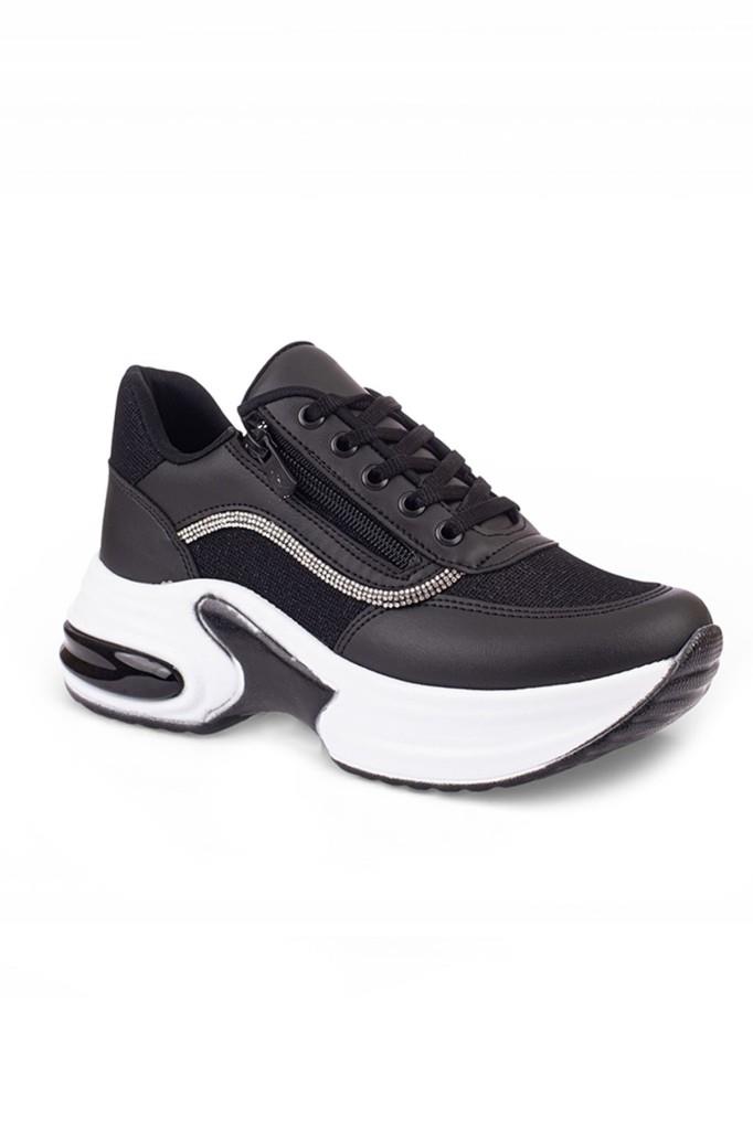 Modalendo 1511-26 Cilt Deri Simli Şeritli Anatomik Bağcıklı Kadın Sneaker Siyah Beyaz