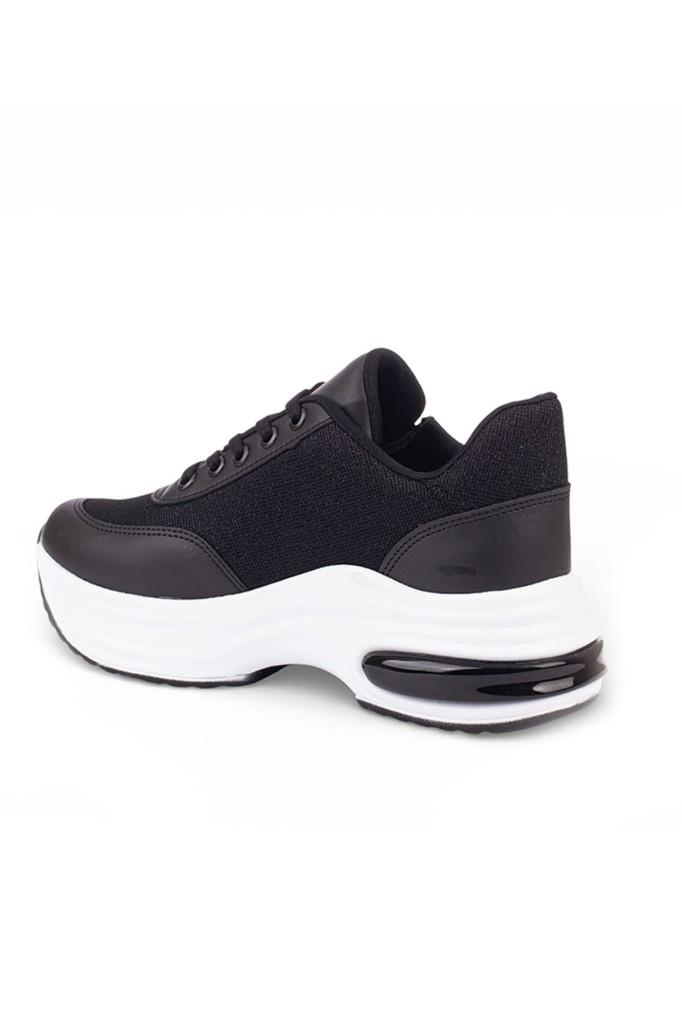 Modalendo 1511-26 Cilt Deri Simli Şeritli Anatomik Bağcıklı Kadın Sneaker Siyah Beyaz