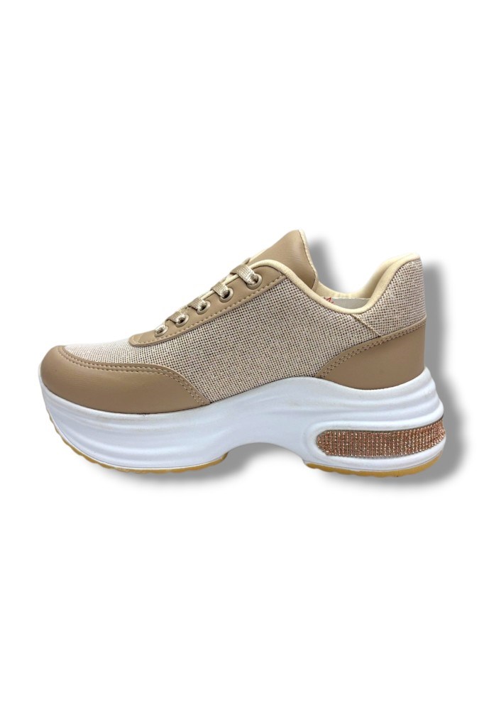 Modalendo 1511-26 Cilt Deri Simli Şeritli Anatomik Bağcıklı Kadın Sneaker Bej Beyaz