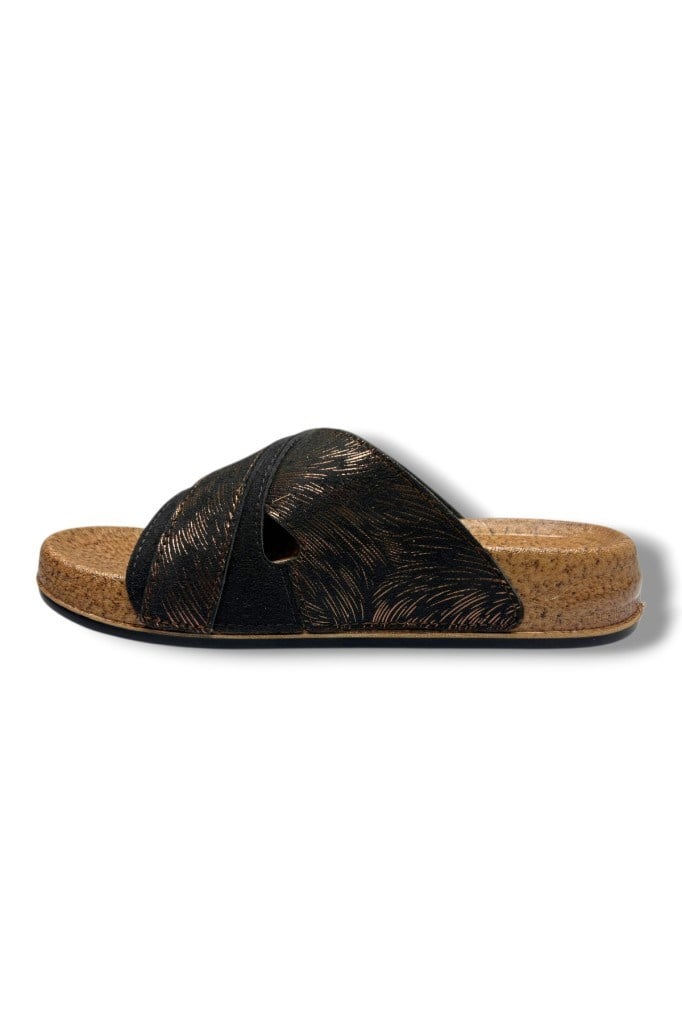 Mollis 501-26 Simli Çizgi Bakı Deri Tek Tokalı Soft Çapraz Kadın Terlik