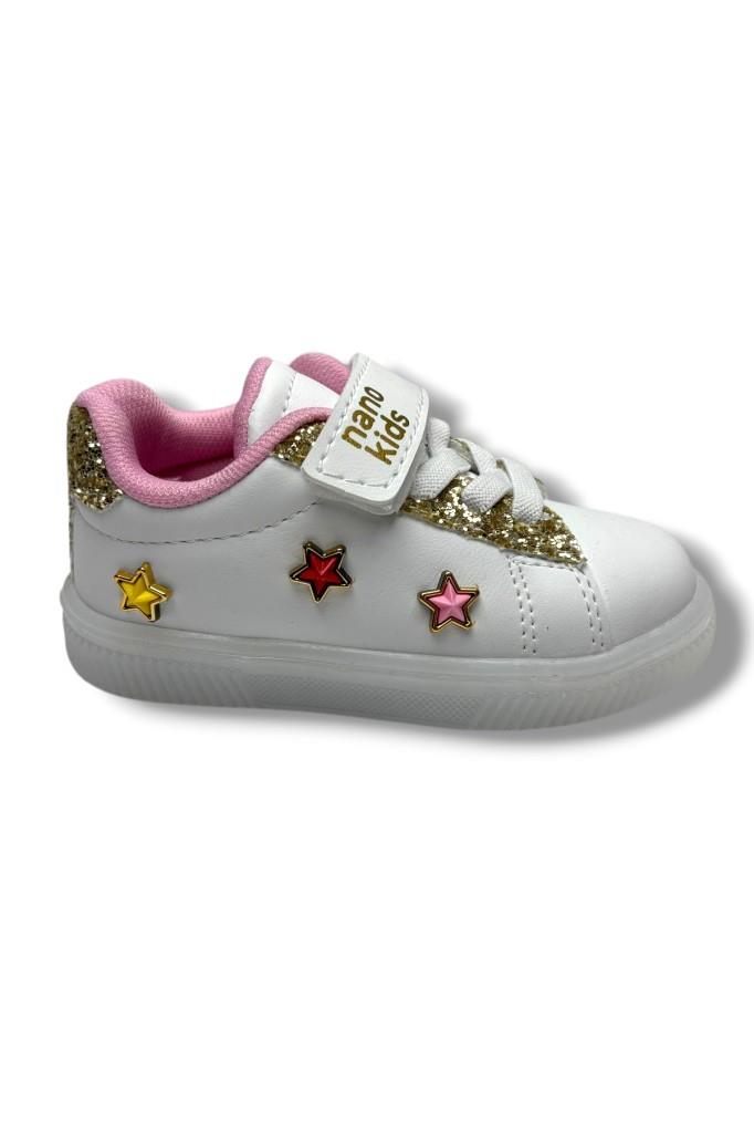 Nano Kids 1893-26 Deri Anatomik Işıklı Kız Çocuk Sneaker Beyaz Altın 26-30