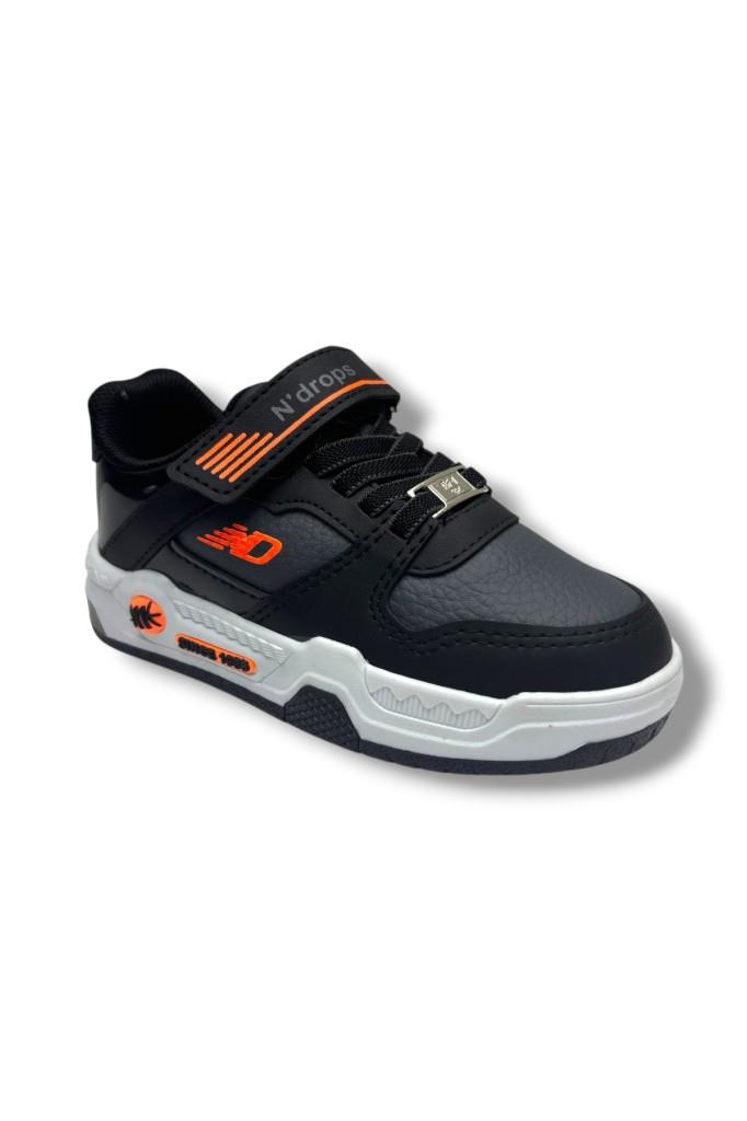 Ndrops 012-26 Deri Cırt Bantlı Çocuk Sneaker Siyah Oranj 26-30
