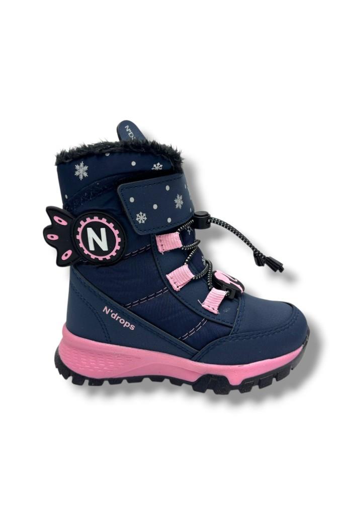 Ndrops 014-26 Deri Kürklü Paraşüt Kumaş Kız Çocuk Bot Lacivert Pembe 26-30