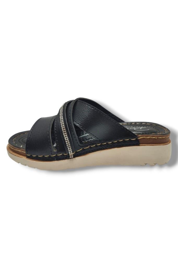 Perla 3001-25 Deri Anatomik Soft Çapraz Bant Şerit Taşlı Kadın Terlik