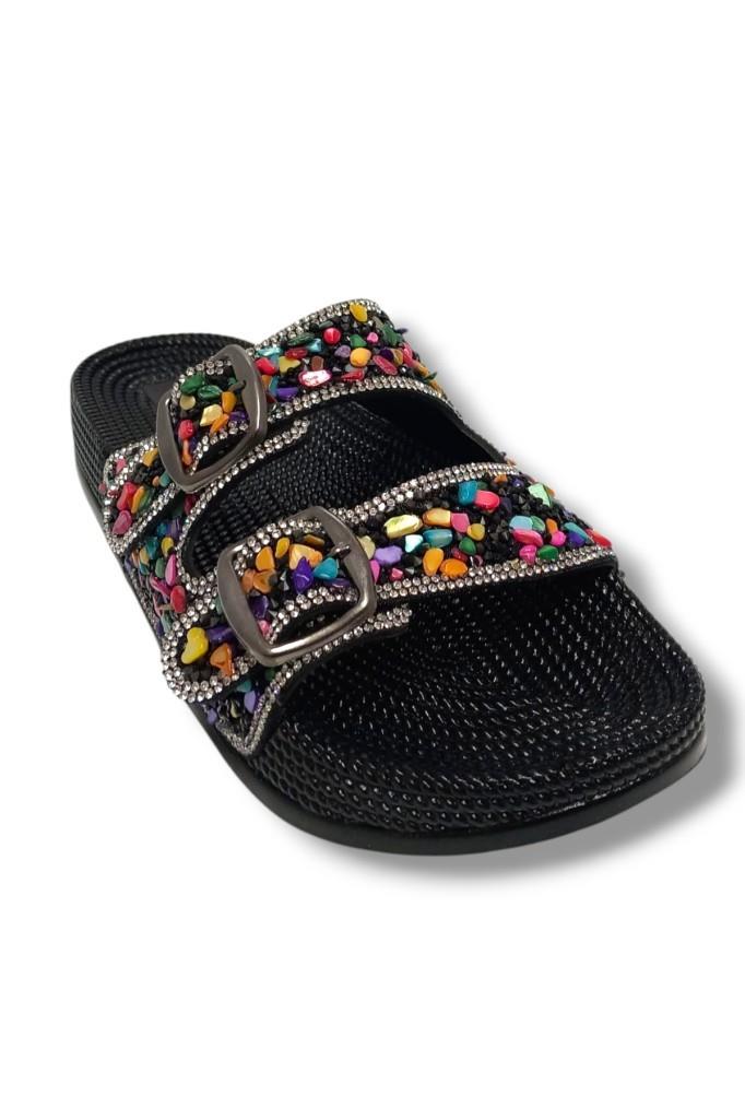 Pienn 20057-001 Anatomik Fashion Taşlı  Kadın Terlik Siyah Multi