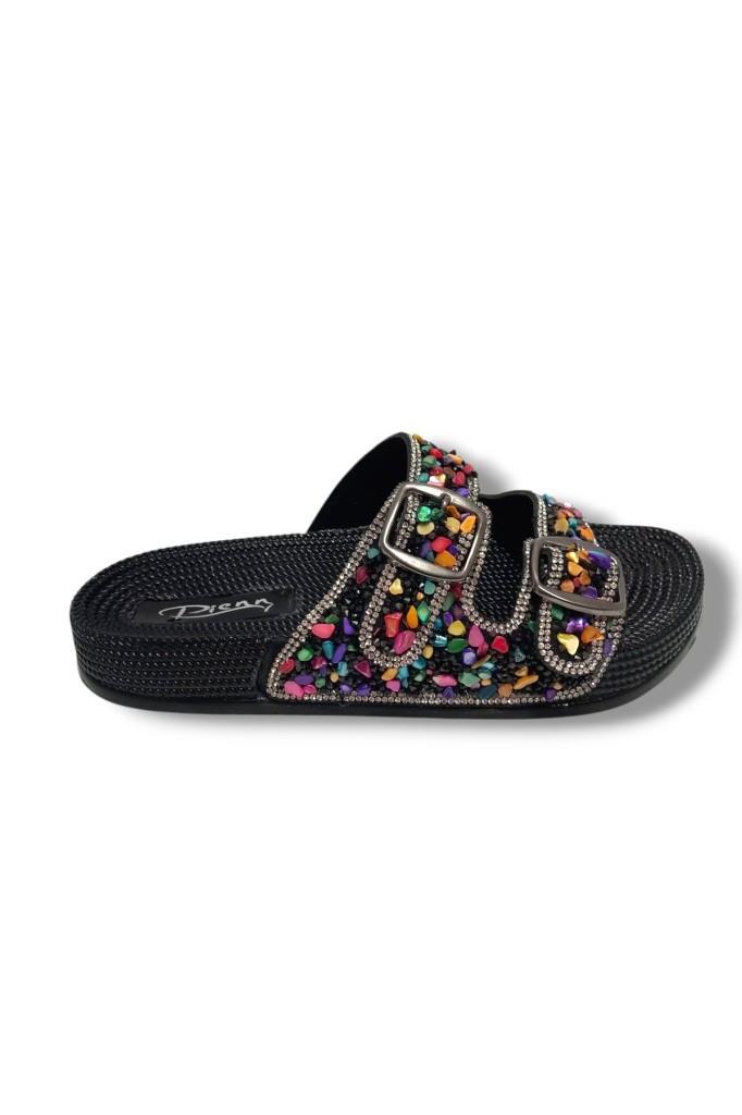 Pienn 20057-001 Anatomik Fashion Taşlı  Kadın Terlik Siyah Multi