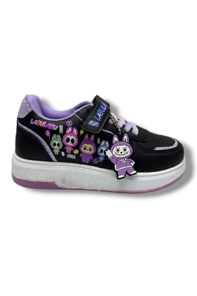 ProKids 4011-26 Cilt Deri Labubu Maskotlu Anatomik Kız Çocuk Sneaker Siyah Lila 31-35