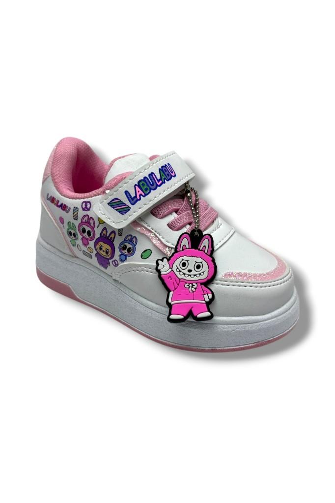 ProKids 4011-26 Cilt Deri Labubu Maskotlu Anatomik Kız Çocuk Sneaker Beyaz Pembe 26-30