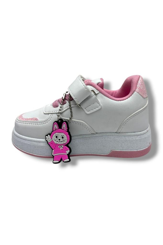 ProKids 4011-26 Cilt Deri Labubu Maskotlu Anatomik Kız Çocuk Sneaker Beyaz Pembe 26-30