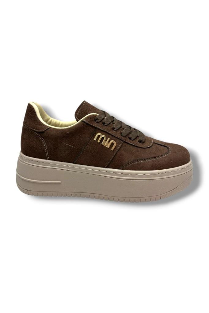 Şanzelize K1-26 Süet Deri Yüksek Anatomik Taban Bağcıklı Kadın Sneaker Kahve Bej