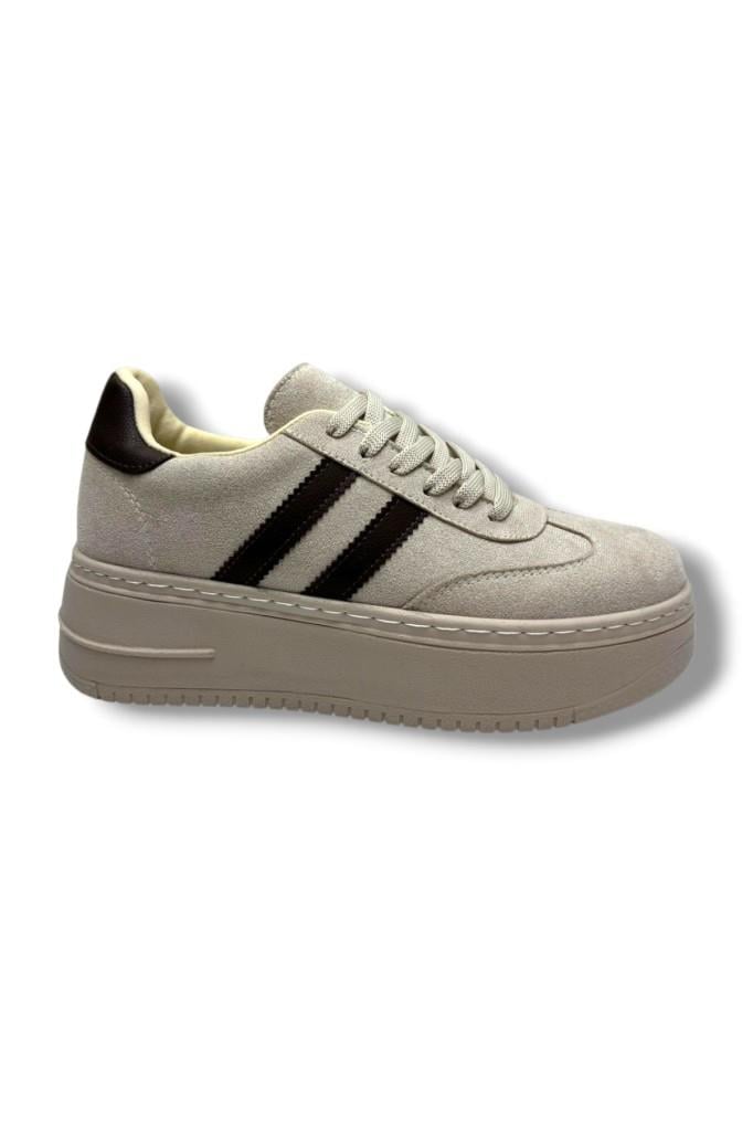Şanzelize K1-26 Süet Deri Yüksek Anatomik Taban Bağcıklı Kadın Sneaker Bej Kahve
