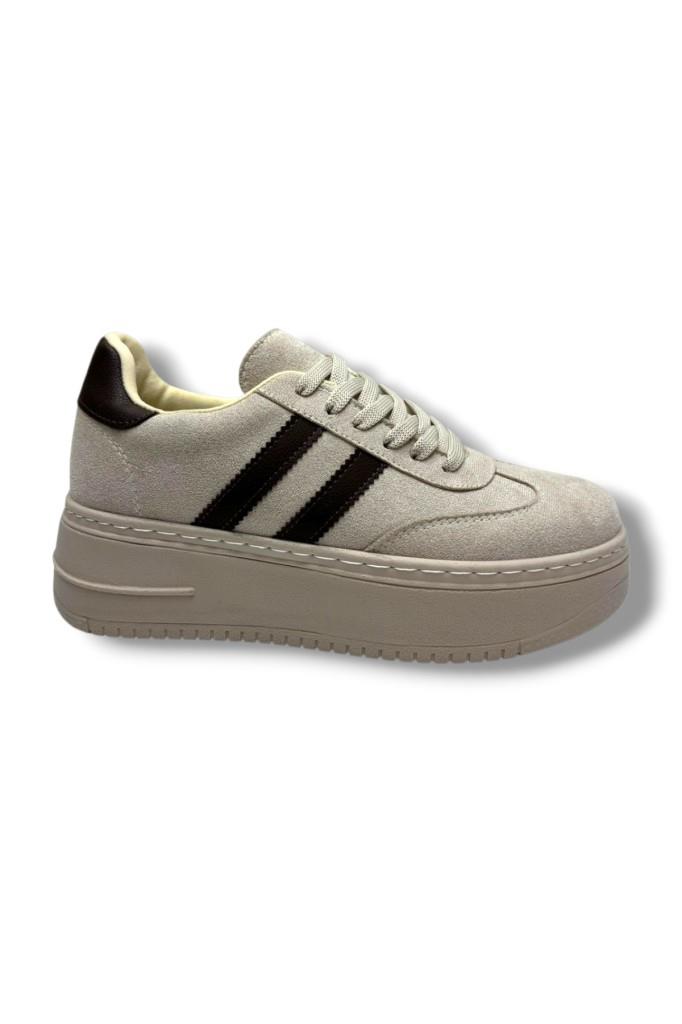 Şanzelize K1-26 Süet Deri Yüksek Anatomik Taban Bağcıklı Kadın Sneaker Bej Kahve