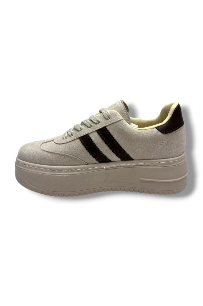 Şanzelize K1-26 Süet Deri Yüksek Anatomik Taban Bağcıklı Kadın Sneaker Bej Kahve