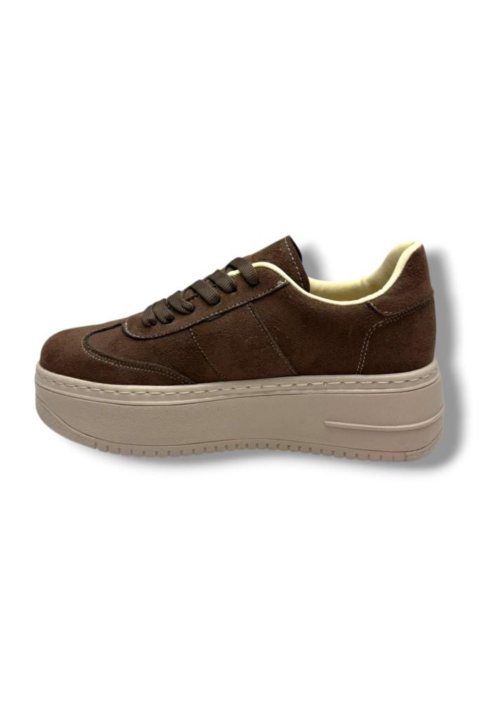 Şanzelize K1-26 Süet Deri Yüksek Anatomik Taban Bağcıklı Kadın Sneaker Kahve Bej