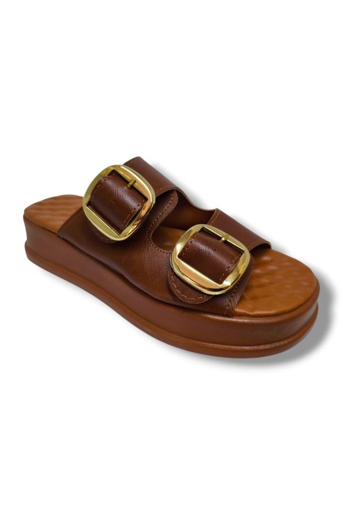 Şanzelize K105-25 Deri Anatomik Çift Bant  Dolgu Taban Kadın Terlik