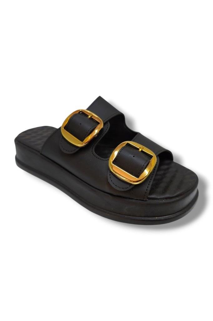 Şanzelize K105-25 Deri Anatomik Çift Bant  Dolgu Taban Kadın Terlik