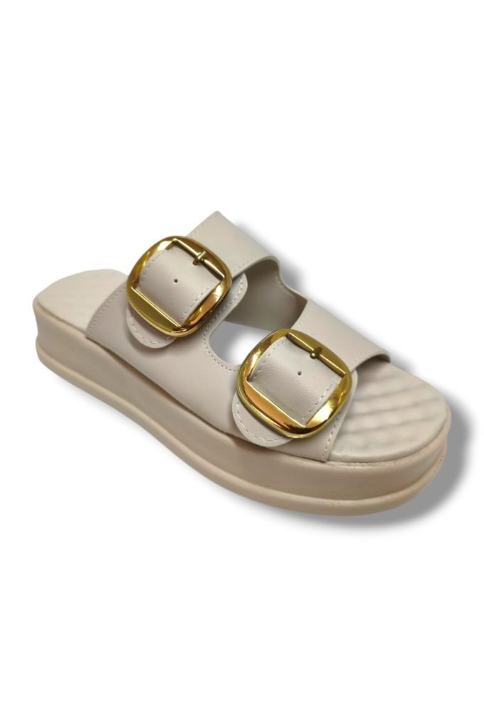 Şanzelize K105-25 Deri Anatomik Çift Bant  Dolgu Taban Kadın Terlik