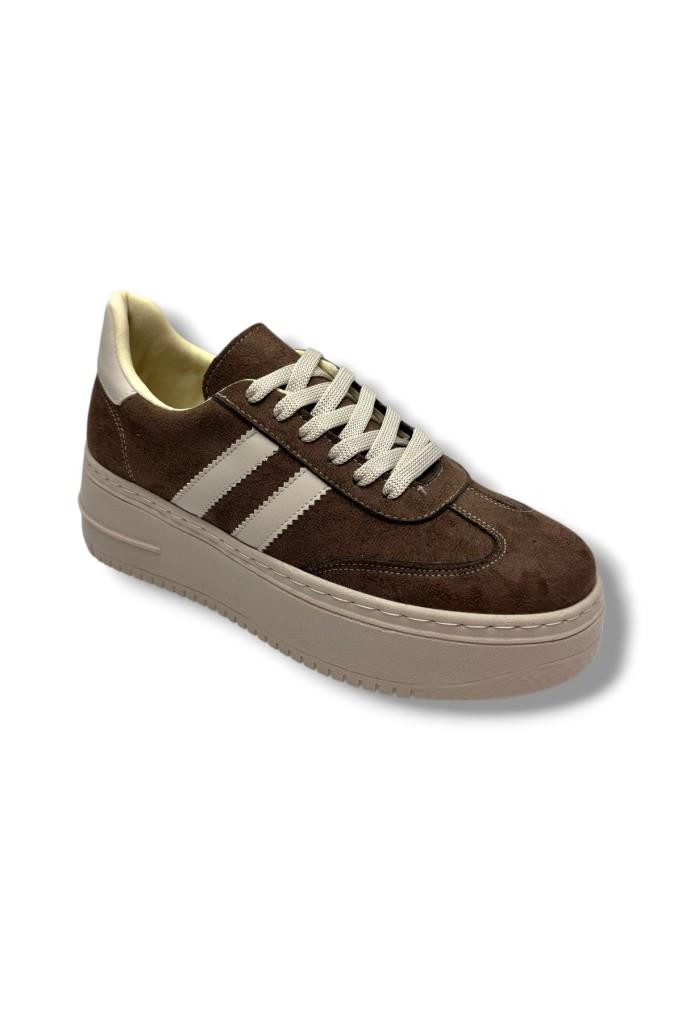 Şanzelize K16-26 Süet Deri Yüksek Anatomik Taban Bağcıklı Kadın Sneaker Kahve Bej