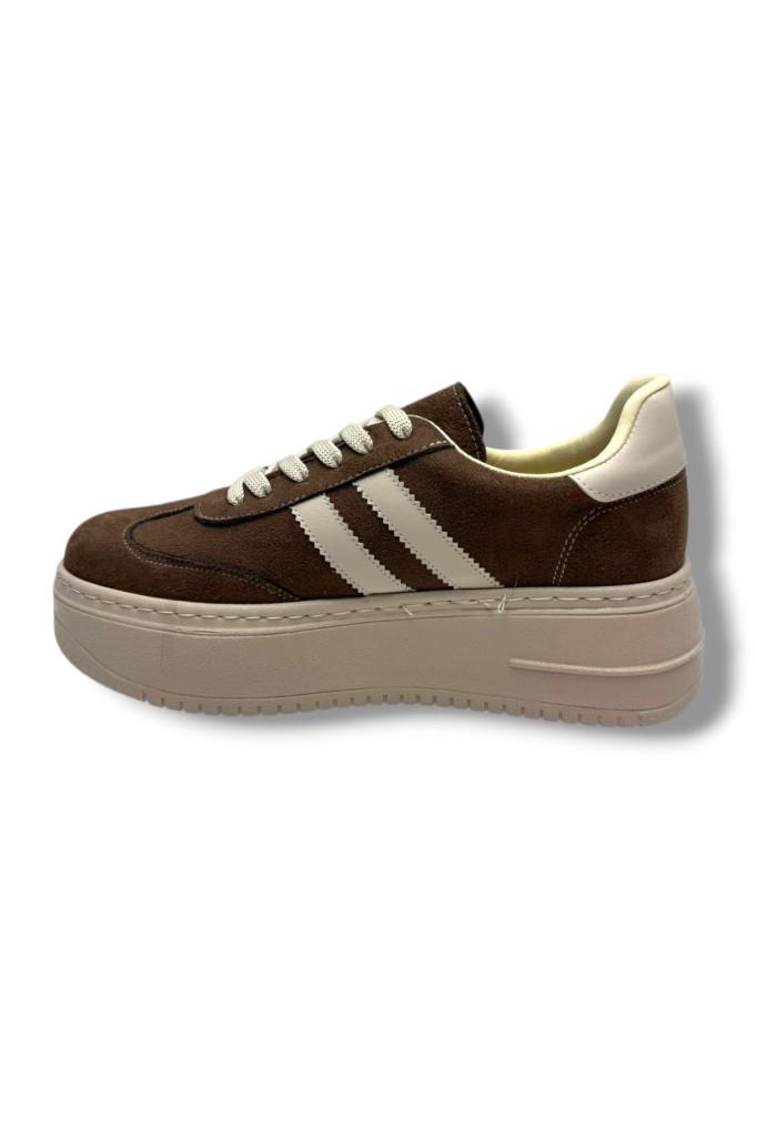 Şanzelize K16-26 Süet Deri Yüksek Anatomik Taban Bağcıklı Kadın Sneaker Kahve Bej