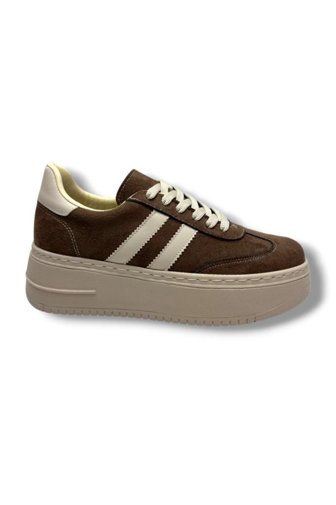 Şanzelize K16-26 Süet Deri Yüksek Anatomik Taban Bağcıklı Kadın Sneaker Kahve Bej