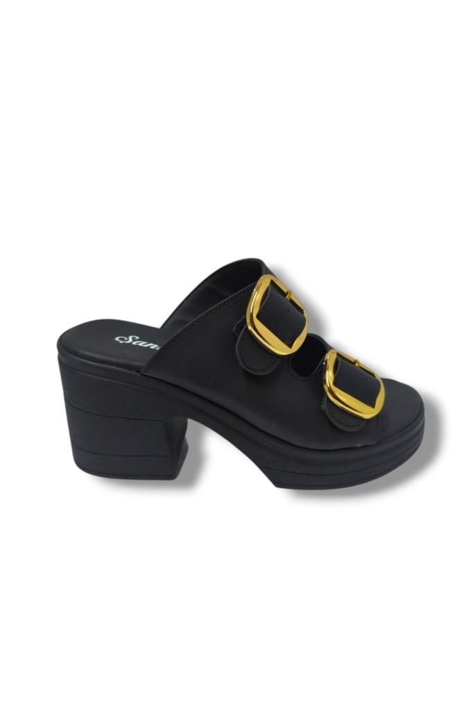 Şanzelize K505-25 Deri Anatomik Çift Bant  Dolgu Topuklu Kadın Terlik