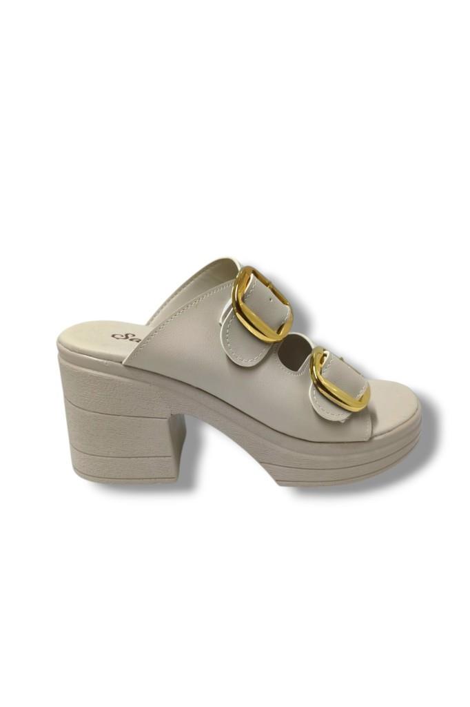 Şanzelize K505-25 Deri Anatomik Çift Bant  Dolgu Topuklu Kadın Terlik