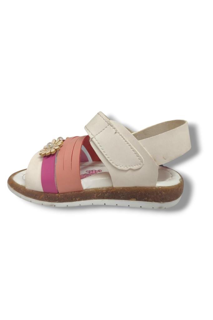 Şirinbebe 1648-20 Çift Bant Çiçekli Kız Çocuk Sandalet Beyaz Pembe 21-25