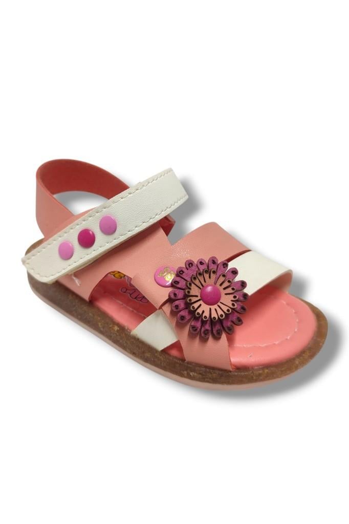 Şirinbebe 1694-20 Yan Çiçekli Tek Cırtlı Kız Çocuk Sandalet Pembe Beyaz 21-25