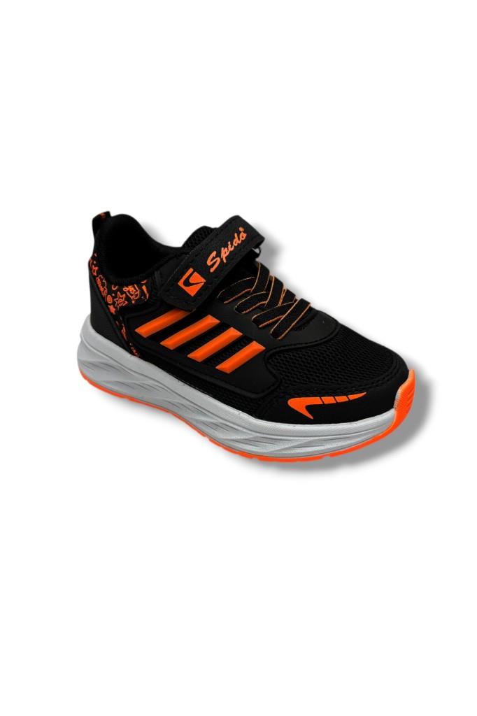 Spido Kids 017-26 Anorak Deri Anatomik Cırtlı Çocuk Sneaker Siyah Turuncu 31-35