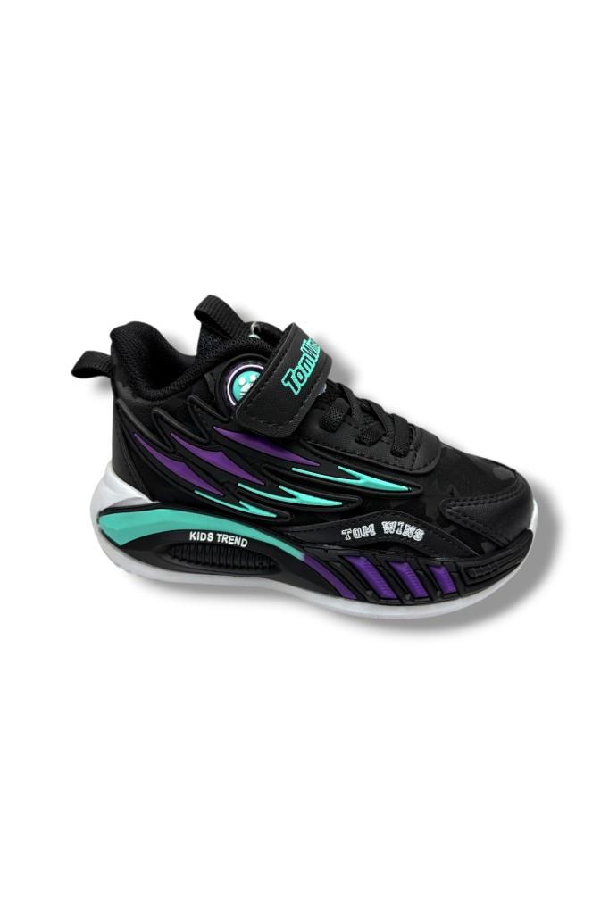 TomWins 004-26 Kamuflaj Desenli Cırtlı Anatomik Çocuk Sneaker Siyah Mor Yeşil 26-30