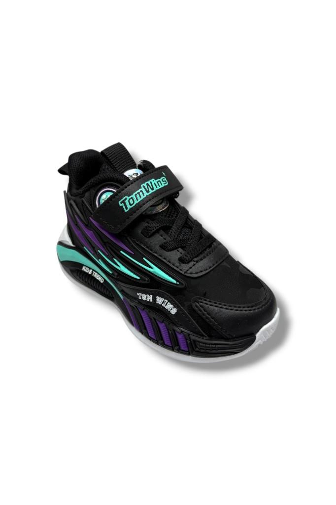 TomWins 004-26 Kamuflaj Desenli Cırtlı Anatomik Çocuk Sneaker Siyah Mor Yeşil 26-30
