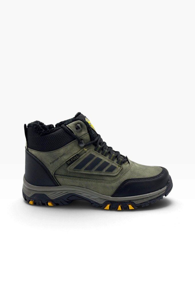 Wanderfull 3022-27 Deri Bağcıklı Fermuarlı İçi Kürklü Outdoor Erkek Bot Haki Siyah Sarı