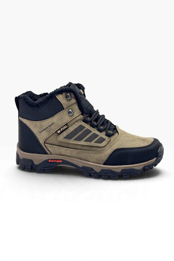 Wanderfull 3022-27 Deri Bağcıklı Fermuarlı İçi Kürklü Outdoor Erkek Bot Vizon Siyah Oranj 45-47