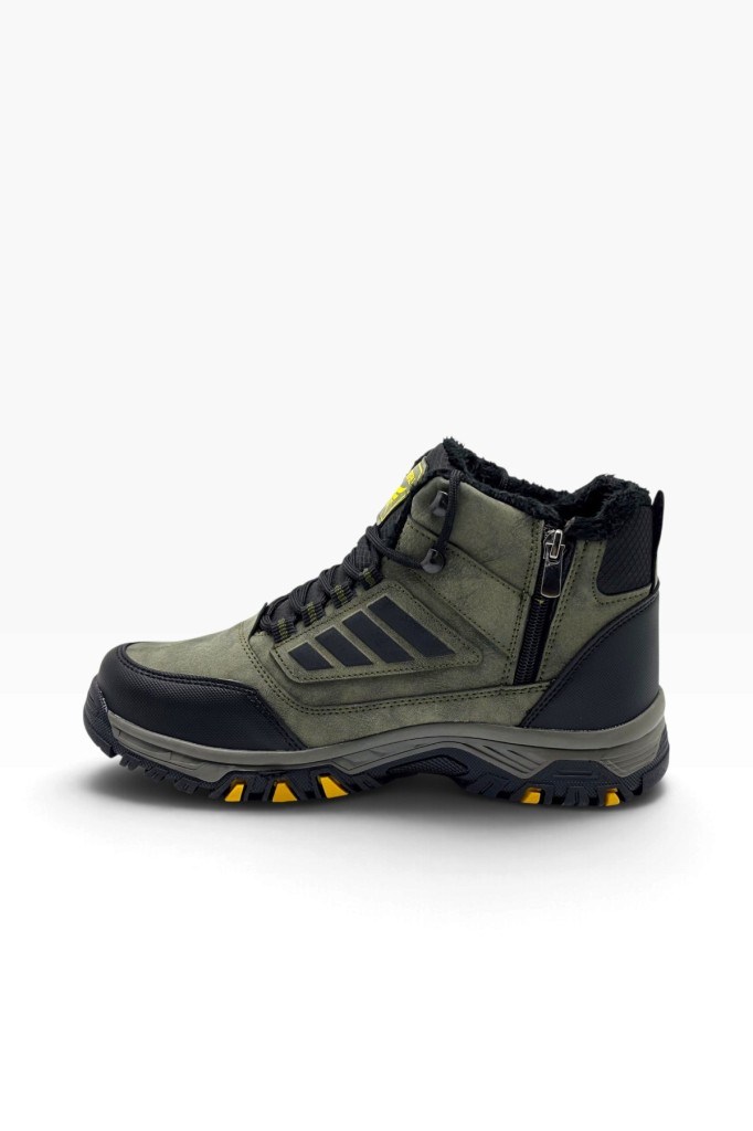 Wanderfull 3022-27 Deri Bağcıklı Fermuarlı İçi Kürklü Outdoor Erkek Bot Haki Siyah Sarı