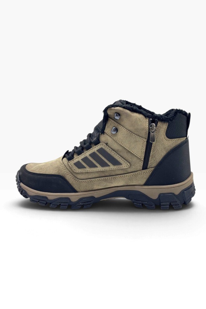 Wanderfull 3022-27 Deri Bağcıklı Fermuarlı İçi Kürklü Outdoor Erkek Bot Vizon Siyah Oranj 45-47