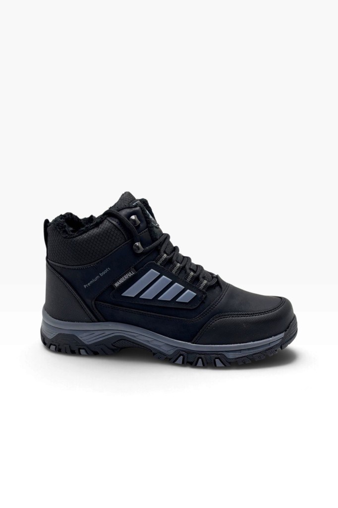 Wanderfull 3022-27 Deri Bağcıklı Fermuarlı İçi Kürklü Outdoor Erkek Bot Siyah Füme