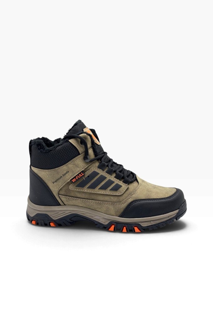 Wanderfull 3022-27 Deri Bağcıklı Fermuarlı İçi Kürklü Outdoor Erkek Bot Vizon Siyah Oranj