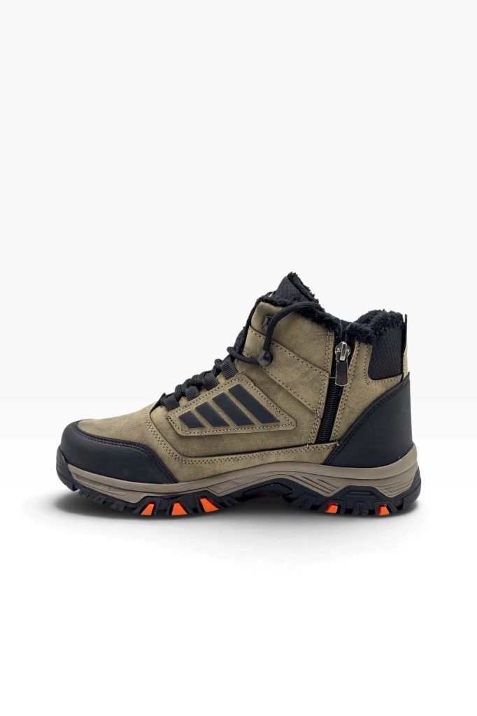 Wanderfull 3022-27 Deri Bağcıklı Fermuarlı İçi Kürklü Outdoor Erkek Bot Vizon Siyah Oranj