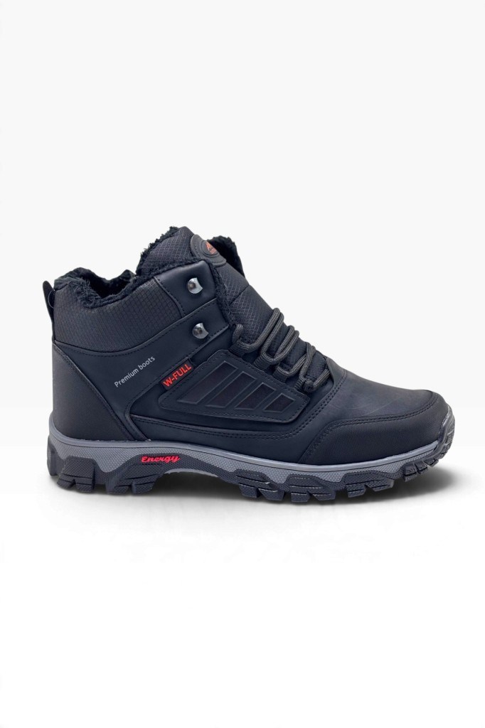 Wanderfull 3022-27 Deri Bağcıklı Fermuarlı İçi Kürklü Outdoor Erkek Bot Siyah Kırmızı 45-47