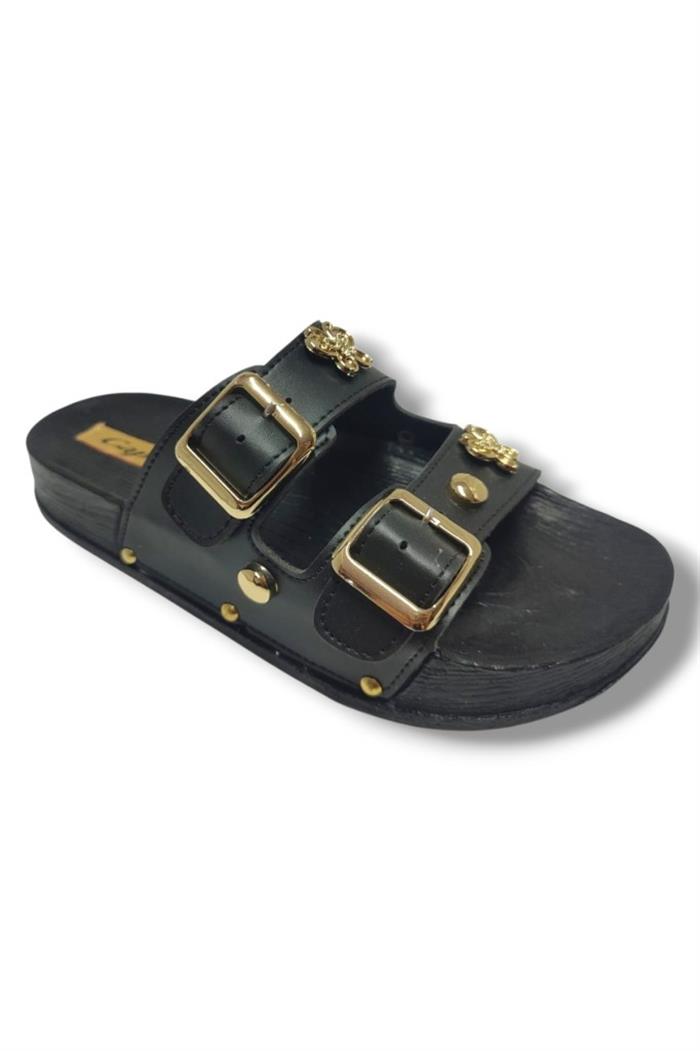Capri 9001-25 Deri Çift Bant Tokalı Kadın Terlik