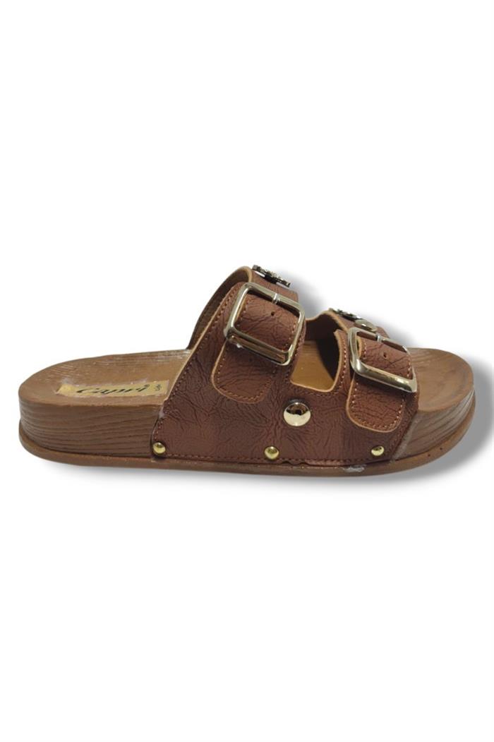 Capri 9001-25 Deri Çift Bant Tokalı Kadın Terlik