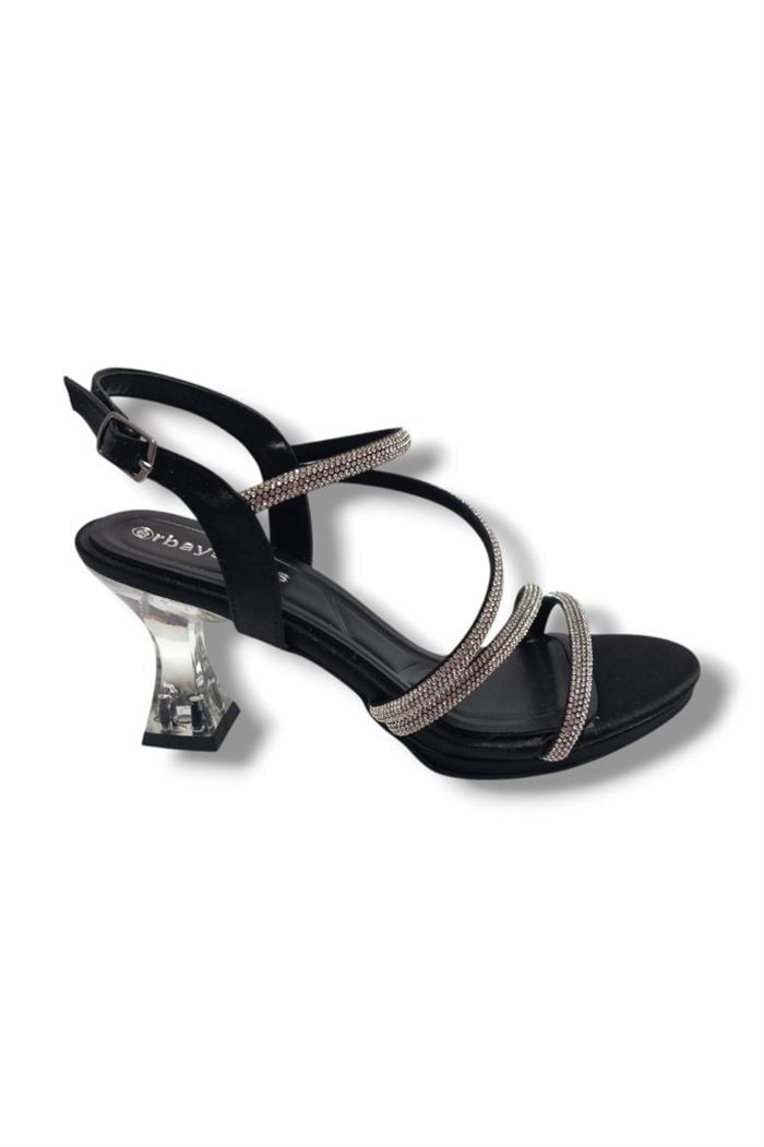 Erbay 093-25 Saten Şeffaf Topuk Taşlı Anatomik Kadın Sandalet