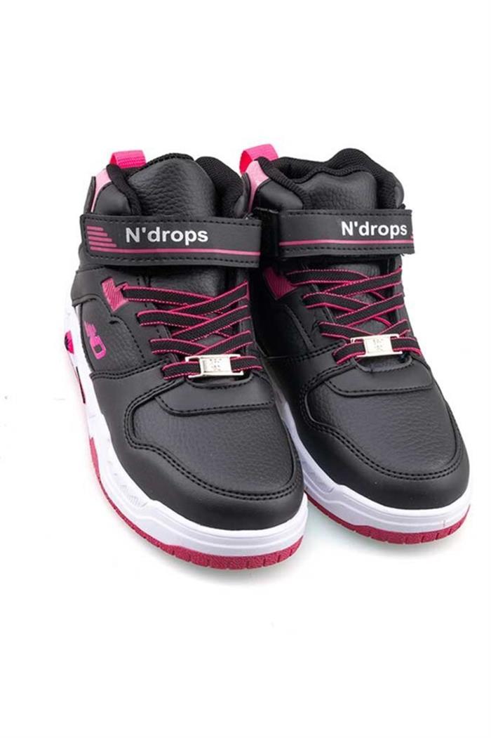 Ndrops 021-24 Deri Cırt Bantlı Kız Çocuk Spor Bot Siyah Fuşya